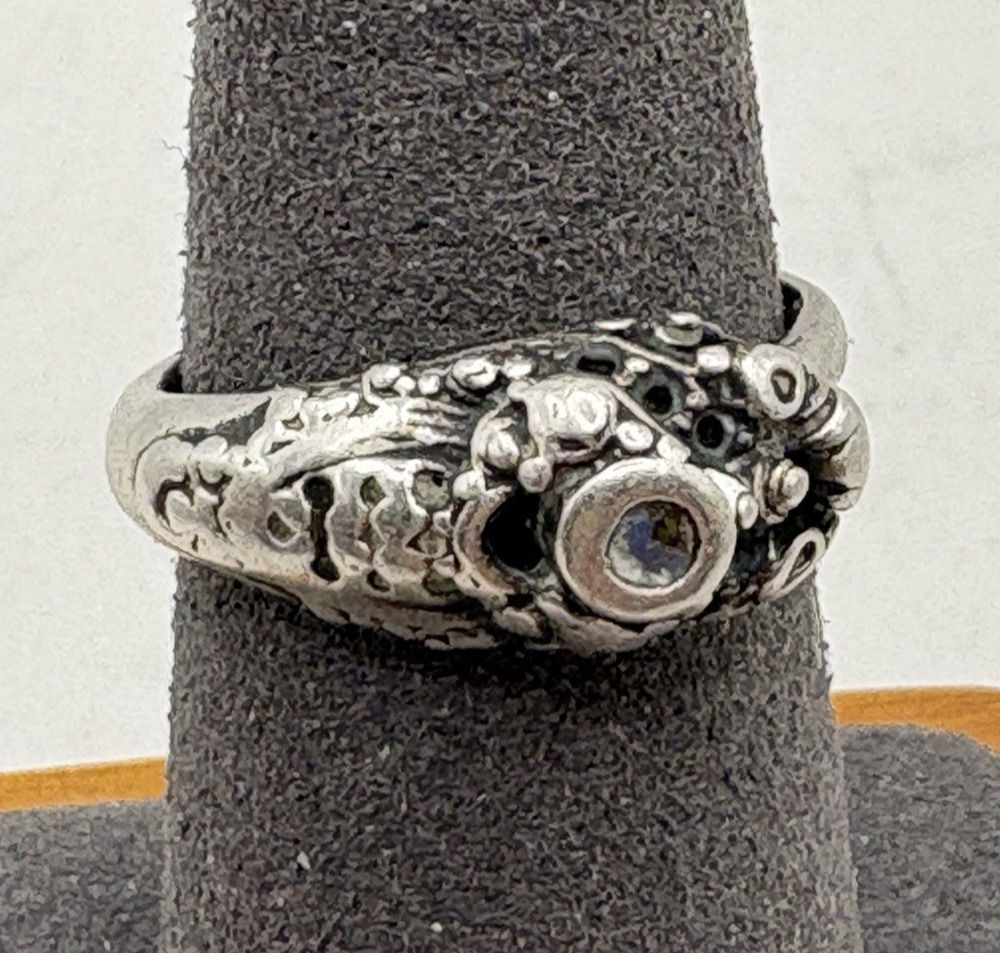 Vintage Sterling Silver Abalone Chinese Asian Dragon Snake Adjustable Ring 4.49g